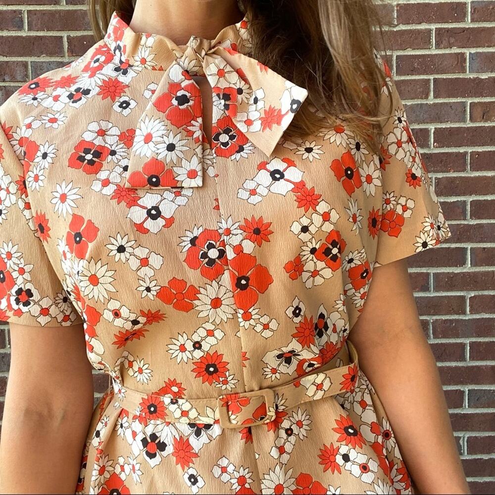 Vintage retro 60s/70s belted floral tie neck fit flare dress small medium - Picture 6 of 9